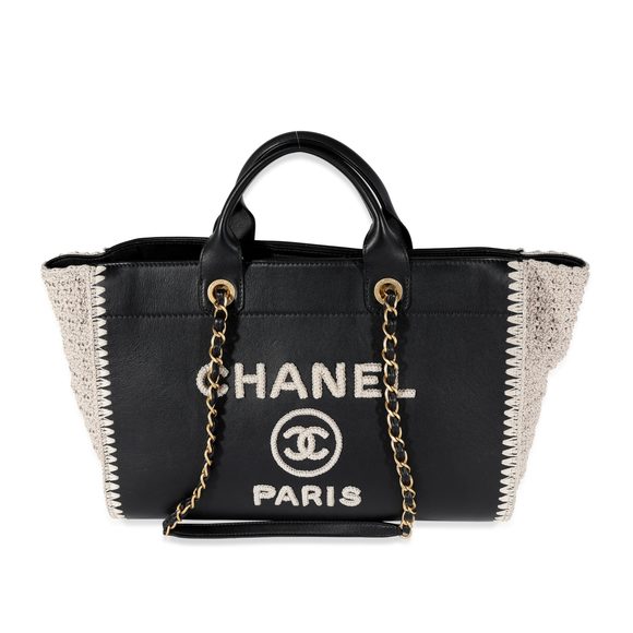 Chanel Handbags - Chanel Black Leather & Beige Crochet Large Deauville Tote